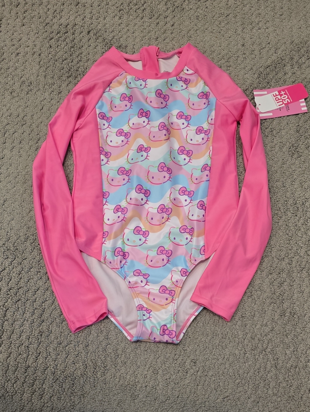Hello Kitty Pink Long Sleeve One-Piece Swim Suit with Pastel Pattern